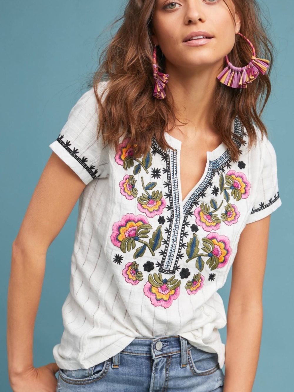 Anthropologie Akemi + Kin Dandelion Floral Embroidered Tunic Top Blouse Boho